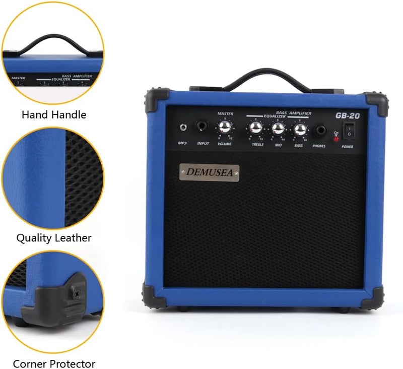 demusea 20W Watt Dark Blue Electric Bass Guitar Amplifier Portable Travel Mini Practice Amp Headphone Jack Aux Treble Middle Bass Mp3 with Cable Adapter Guitar Picks in - Image 2